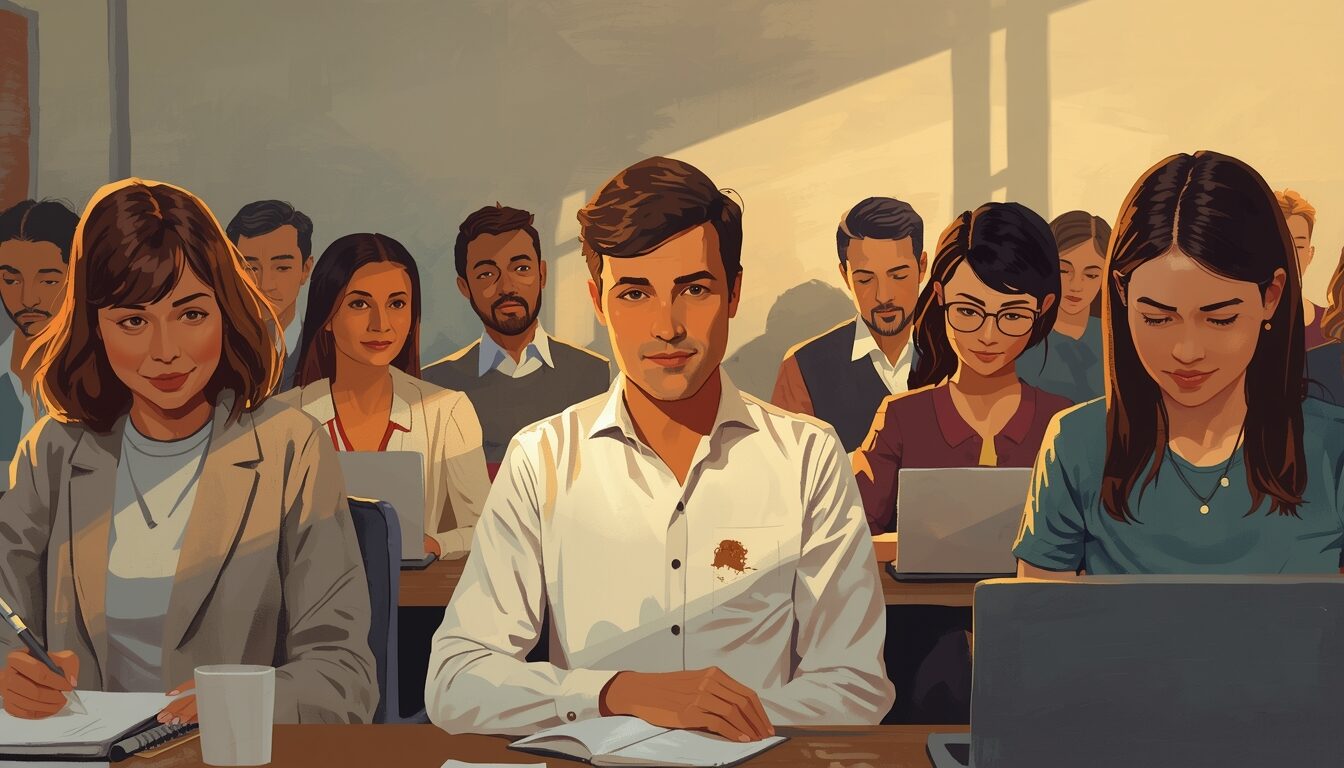 Painted scene of a person with a coffee stain in a meeting room